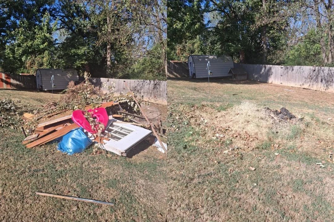 Before and after of a backyard cleanup: a pile of brush, lumber, an old door and junk on the left, and the same yard cleared on the right